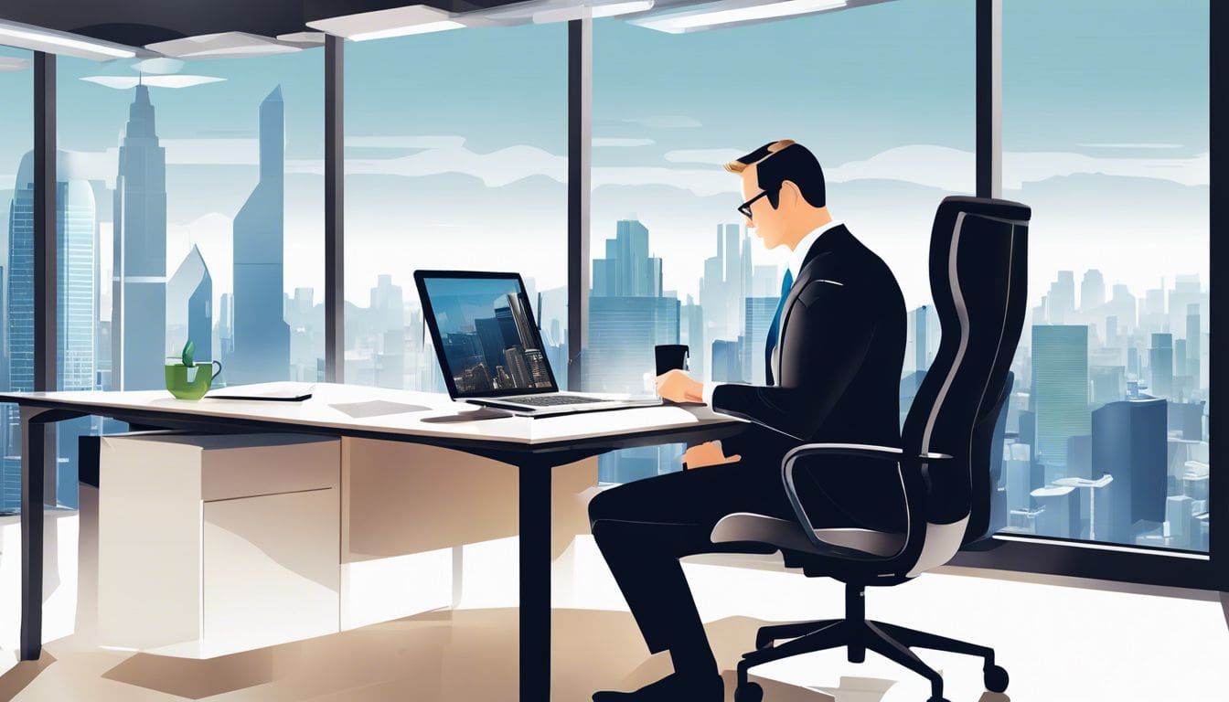 Een zakelijke professional analyseert Gartner's Magic Quadrant op een strak kantoor.