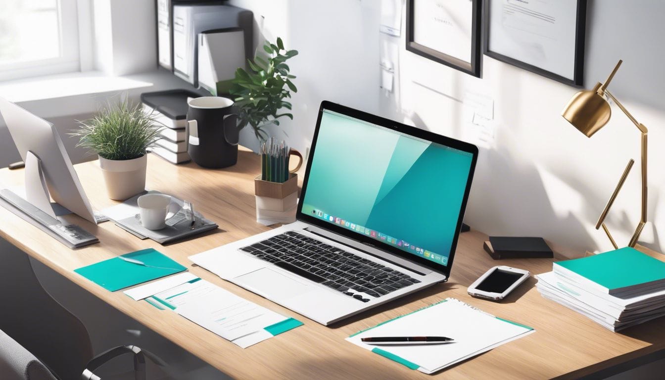 Een georganiseerd kantoorbureau met financi&euml;le documenten en kantoorbenodigdheden.