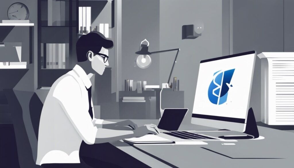 Persoon werkt met laptop in modern kantoor met ISP-logo.