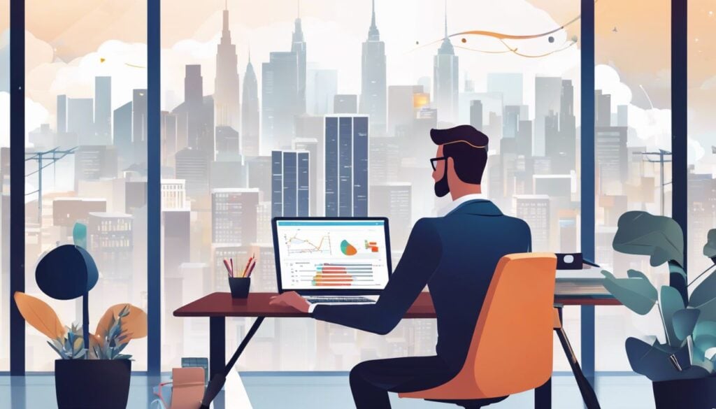 Een persoon die jaarrekeningsoftware gebruikt op een overzichtelijk bureau, met uitzicht op een stadssilhouet.