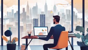 Een persoon die jaarrekeningsoftware gebruikt op een overzichtelijk bureau, met uitzicht op een stadssilhouet.