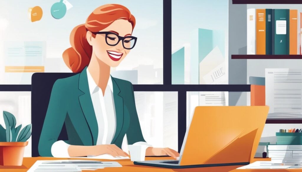 Een productieve vrouw zit aan een bureau met een laptop en georganiseerde financiële documenten.