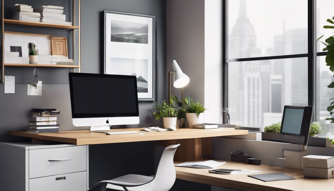 Een schone en georganiseerde kantoorwerkplek met financiële documenten en computer.