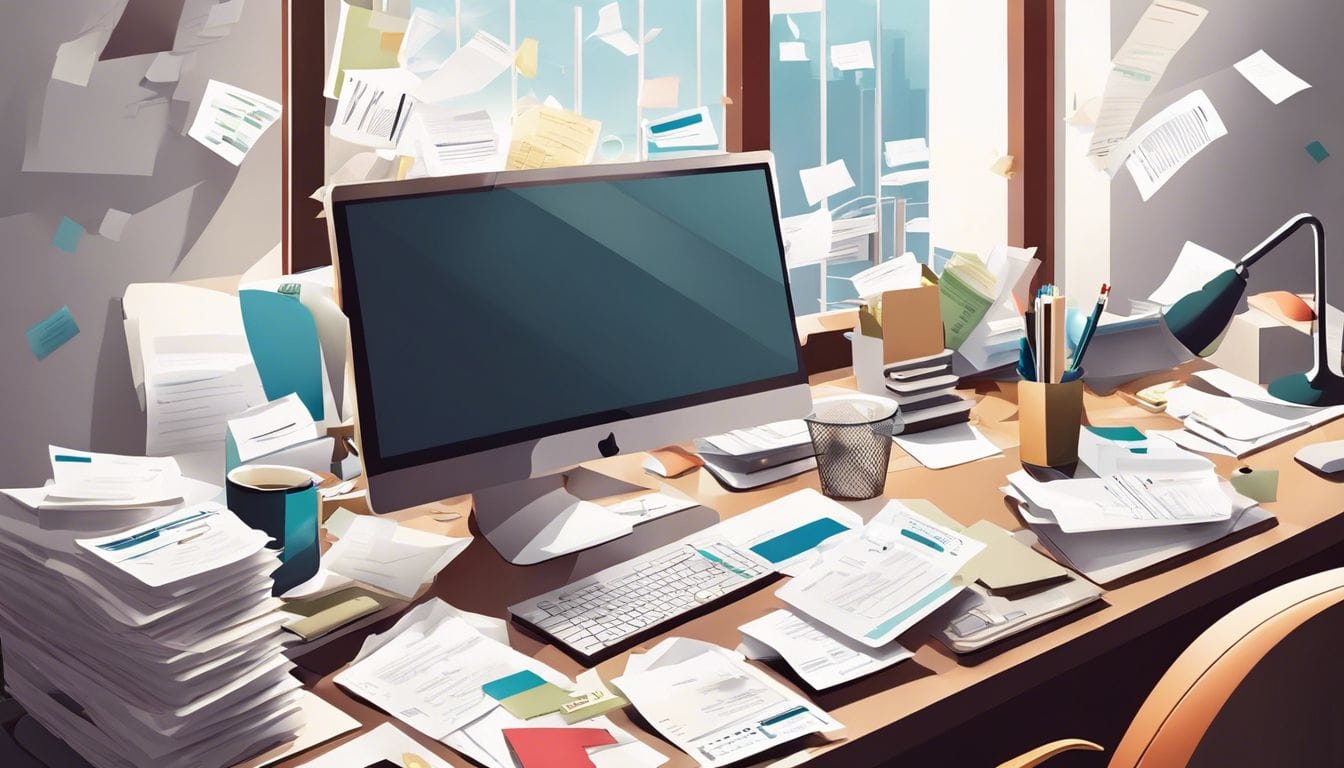 Een persoon werkt toegewijd te midden van rommel op het bureau.