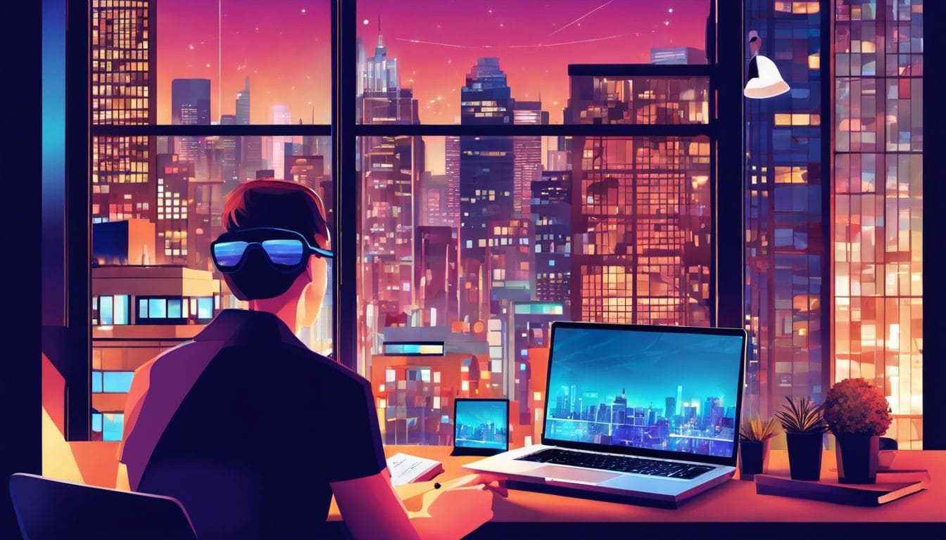 Een persoon gebruikt de Assist-software op een laptop met een goed georganiseerd bureau.