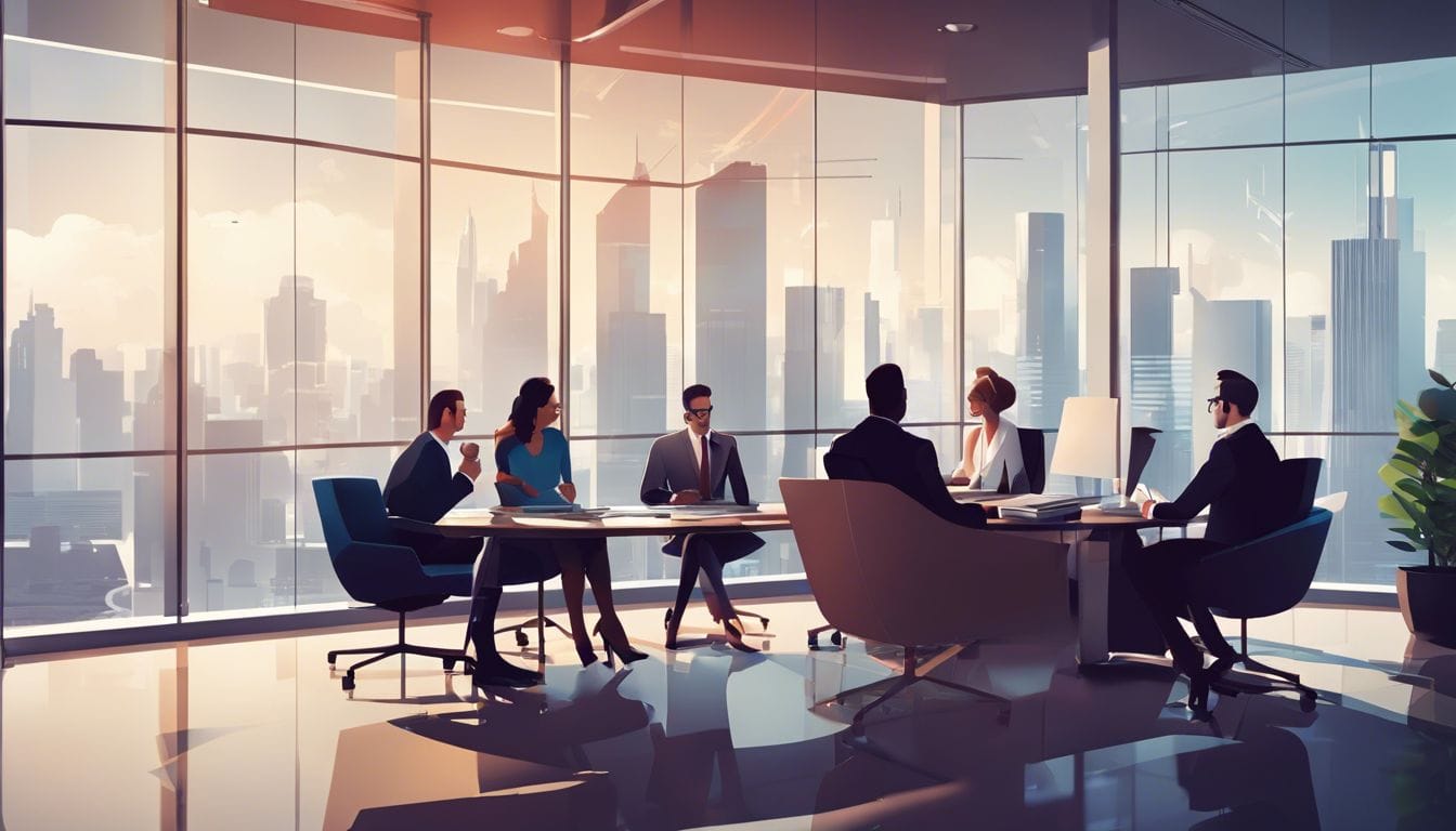 Een groep zakelijke professionals bespreekt financi&euml;le gegevens in een modern kantoor met uitzicht op de stad.