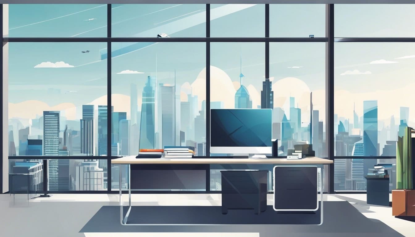 Een modern kantoor met computer, financi&euml;le documenten en stadsgezicht.