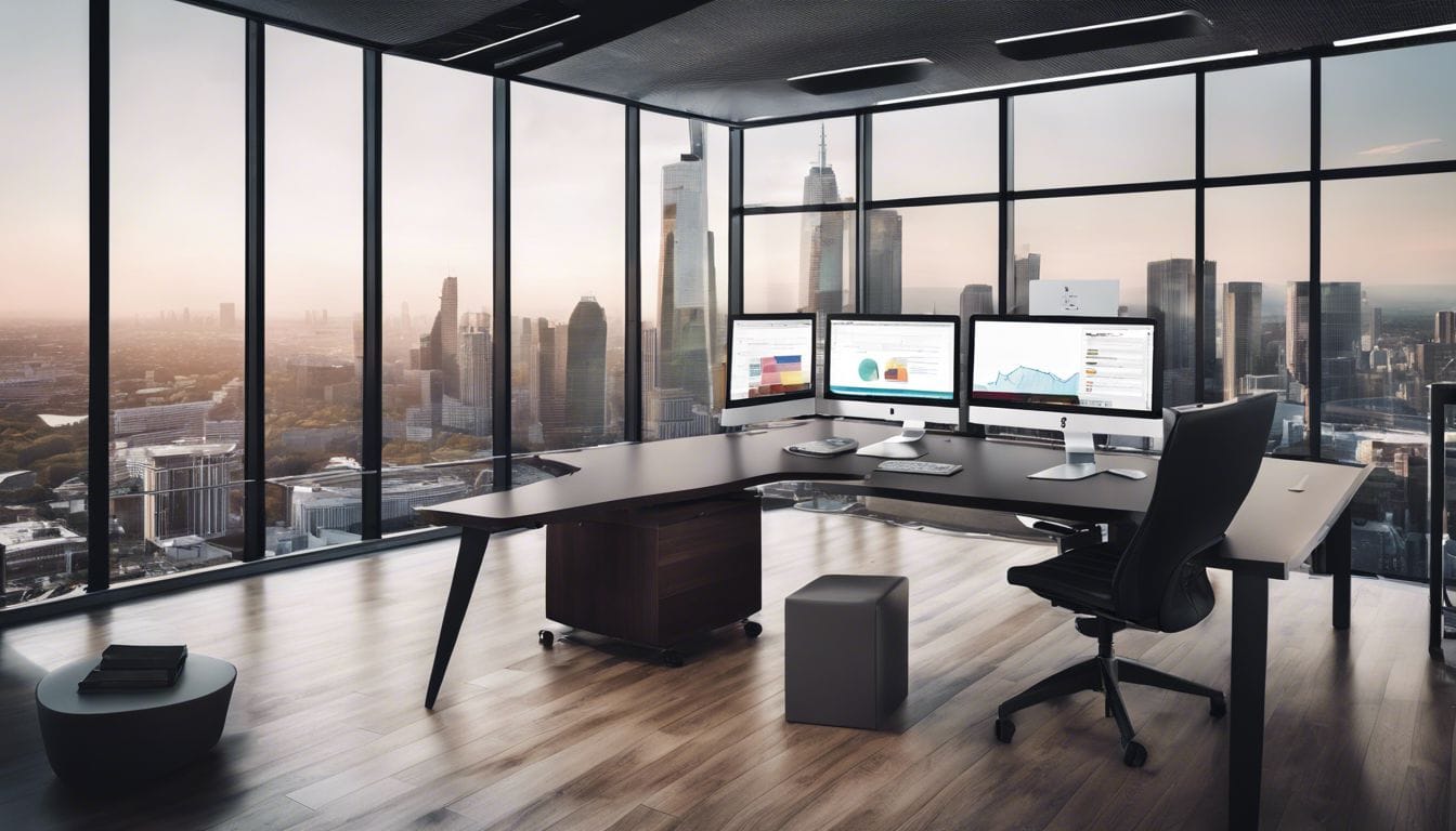 Een moderne kantooromgeving met Odoo's boekhoudsoftware en stadsgezicht.