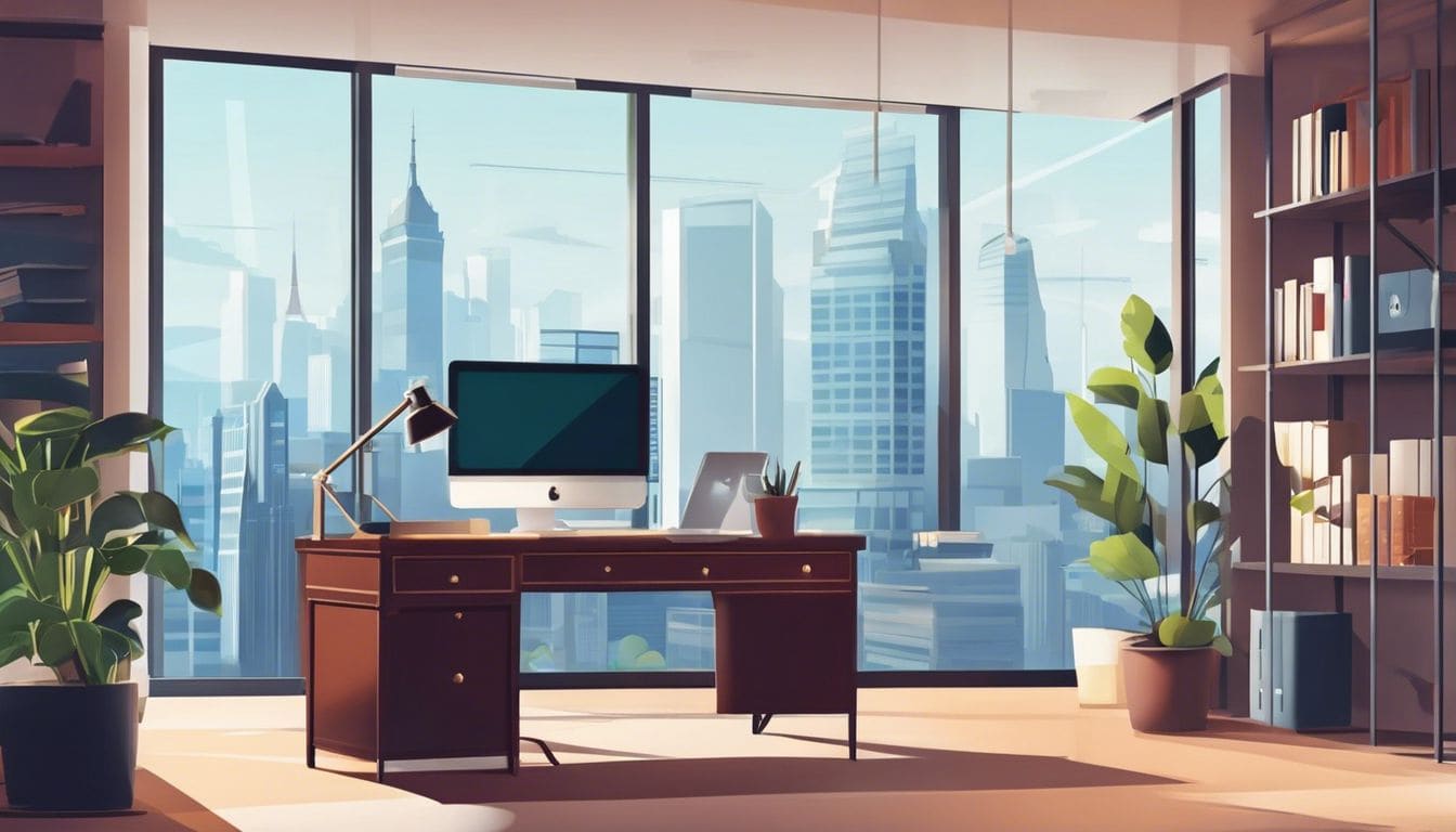 Een zelfverzekerde bedrijfseigenaar beheert financi&euml;n in een stijlvol kantoor.