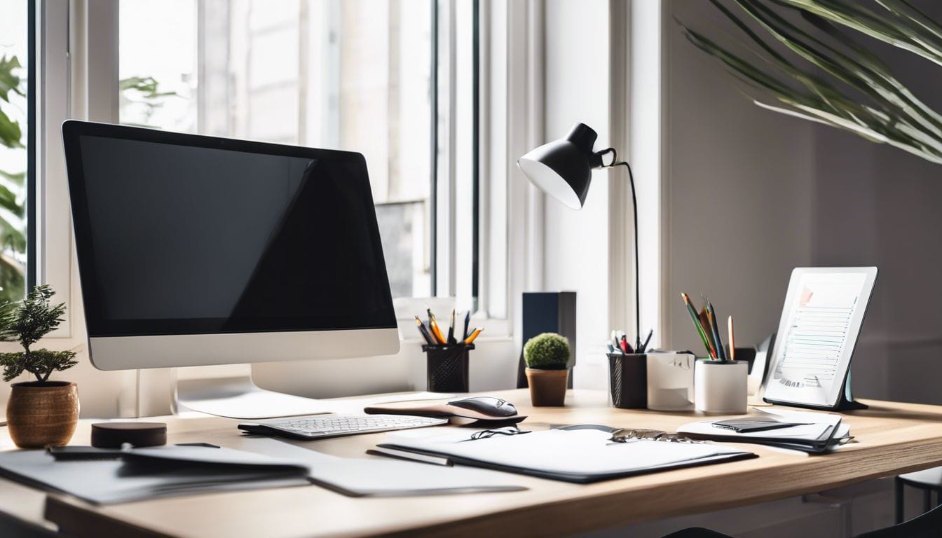 Een goed georganiseerd kantoorbureau met computer en financi&euml;le documenten.