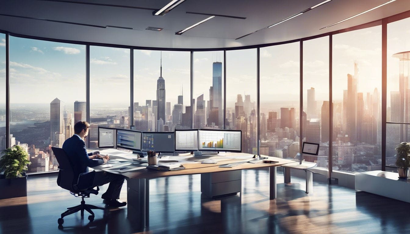 Effici&euml;nte financi&euml;le analyse software op een modern kantoor met diverse professionals.