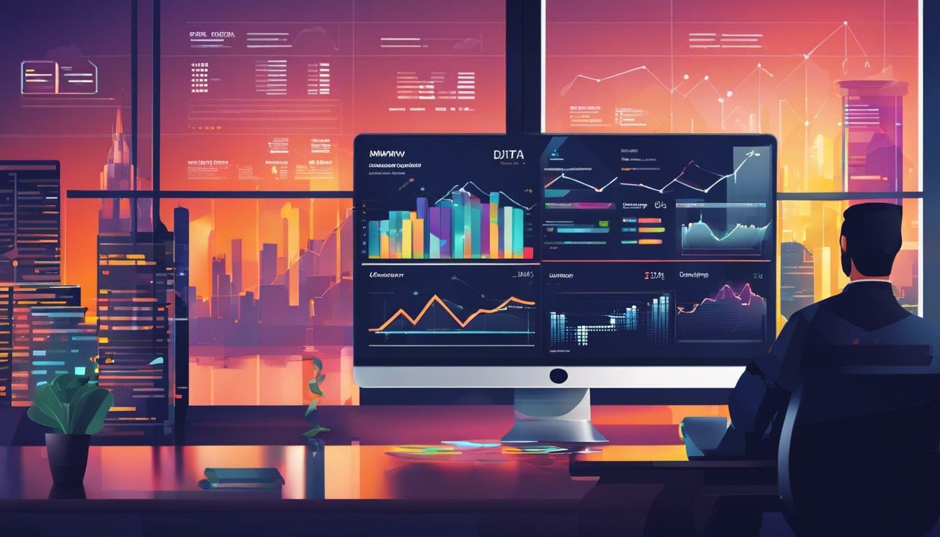 Een modern boekhoudsoftware interface met stadsgezichtfotografie en dynamische gegevensgrafieken.