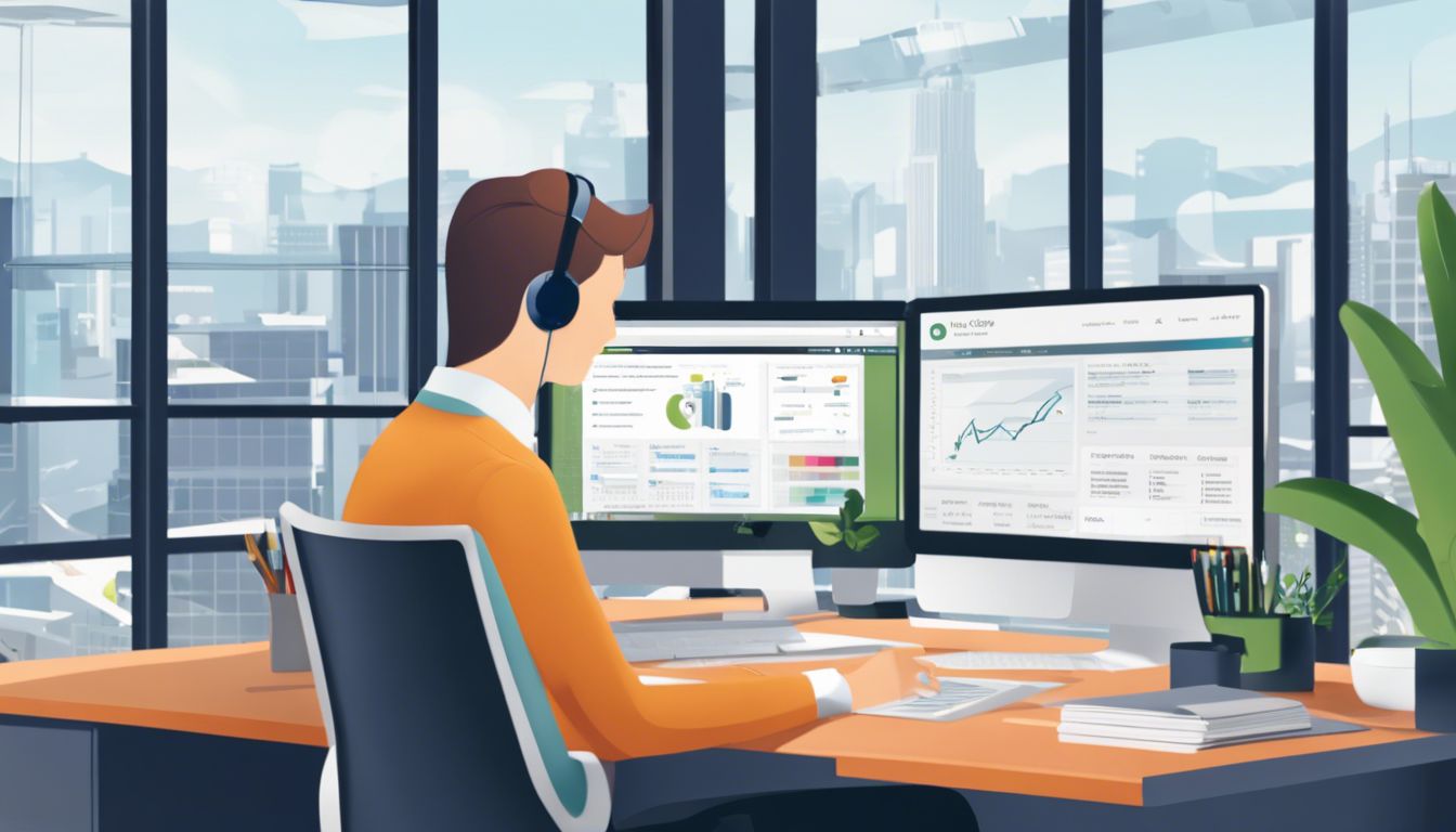 Een kleine ondernemer gebruikt Gekko administratiesoftware in een modern kantoor.