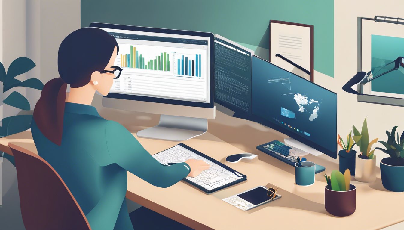 Een zelfstandige professional werkt op een opgeruimd kantoor met de Knab boekhoudsoftware open op de computer.