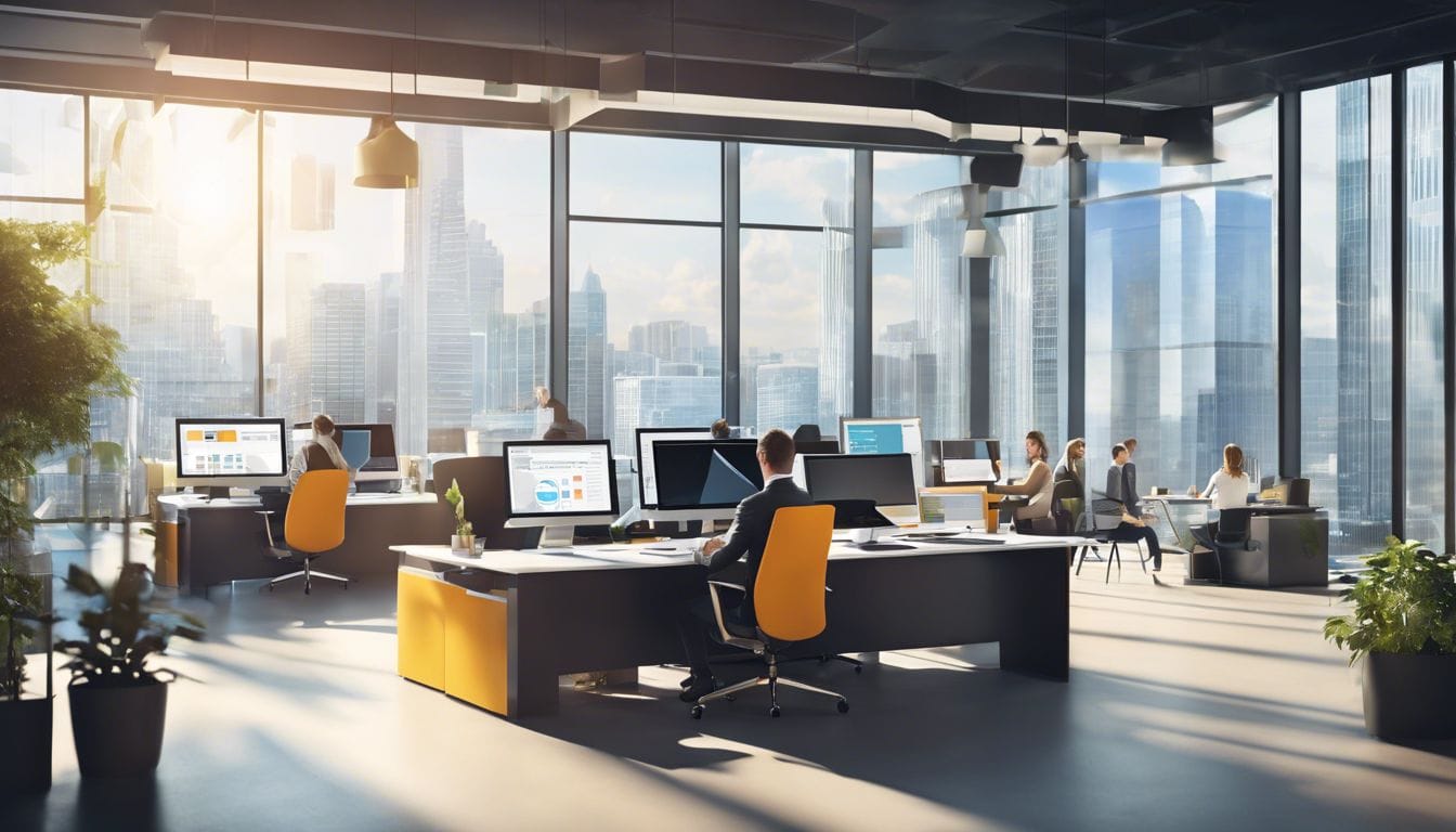 Een dynamische moderne kantooromgeving met medewerkers die samenwerken.