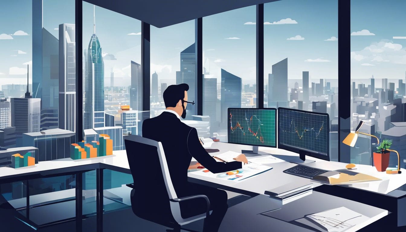 Een professionele accountant analyseert financi&euml;le gegevens in een modern kantoor.