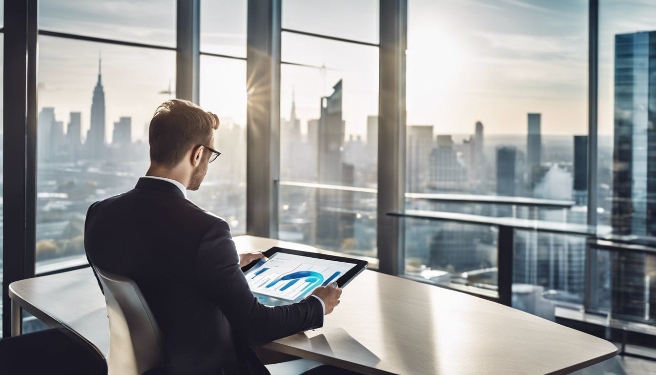 Een zakelijke eigenaar analyseert financi&euml;le gegevens op een tablet in een modern kantoor.