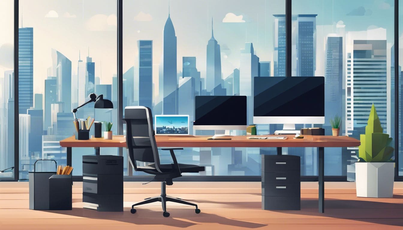 Een moderne kantoorwerkruimte met digitale financi&euml;le tools en stadspanorama.