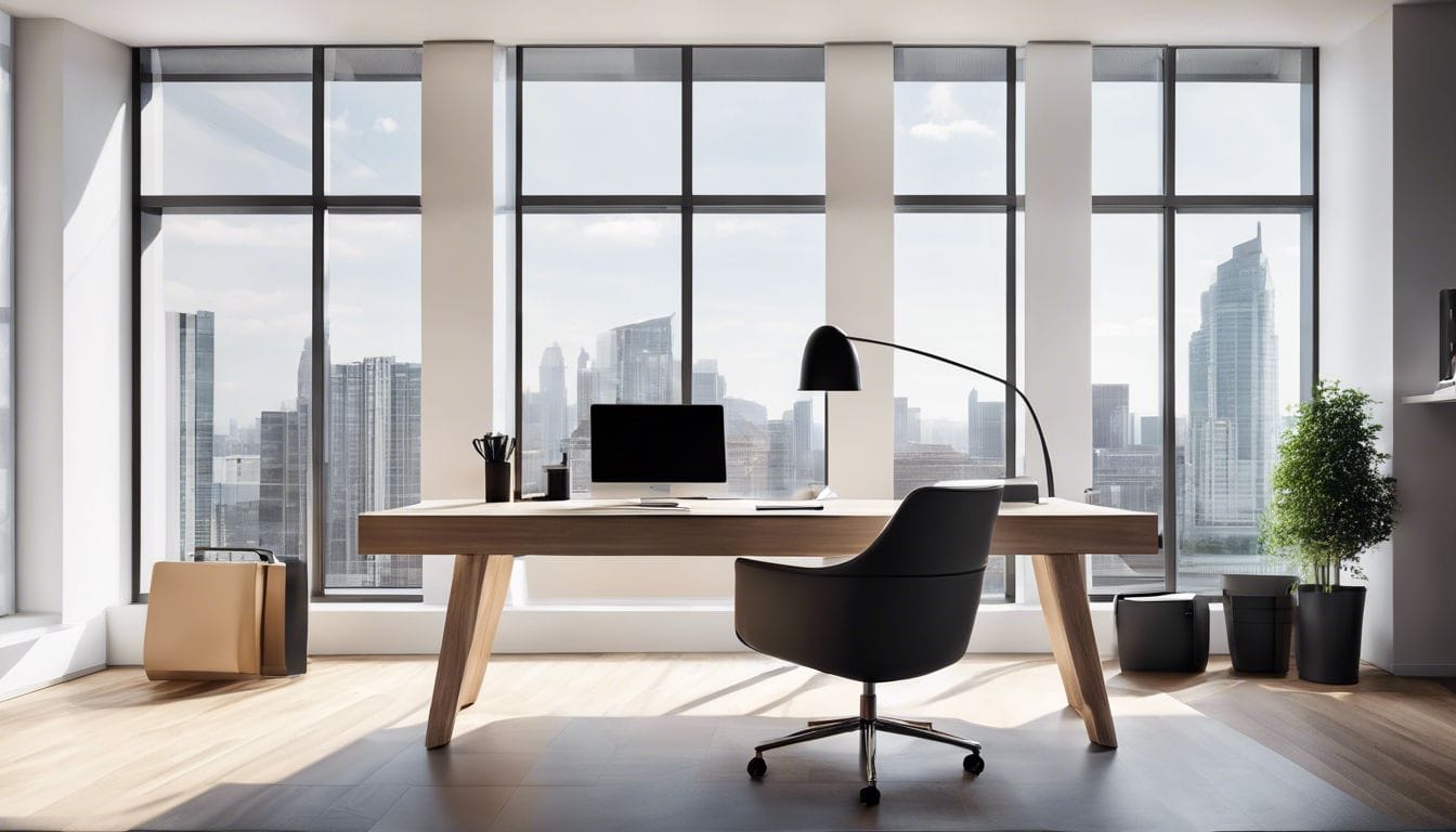 Een moderne kantooromgeving met een computer, rekenmachine en papierwerk.