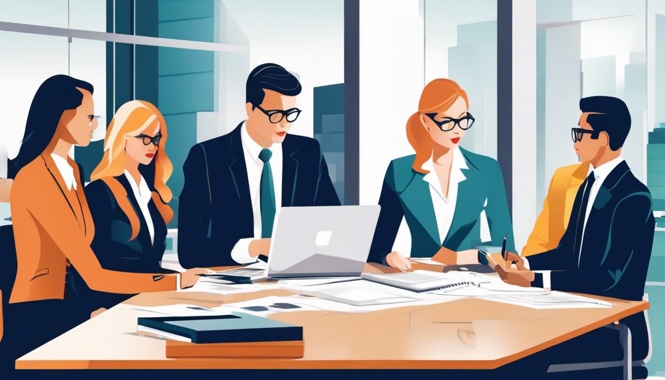 Een groep professionals bespreekt financi&euml;le zaken in een modern kantoor.