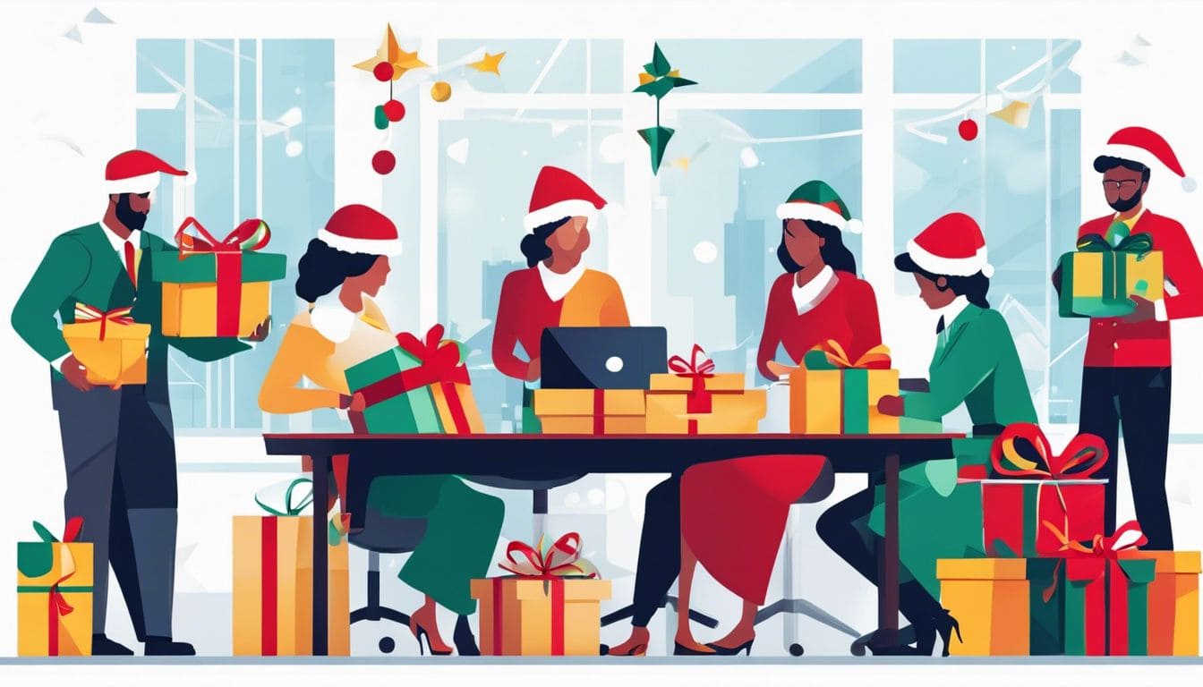 Werknemers ontvangen en openen vrolijk kerstgeschenken op kantoor.