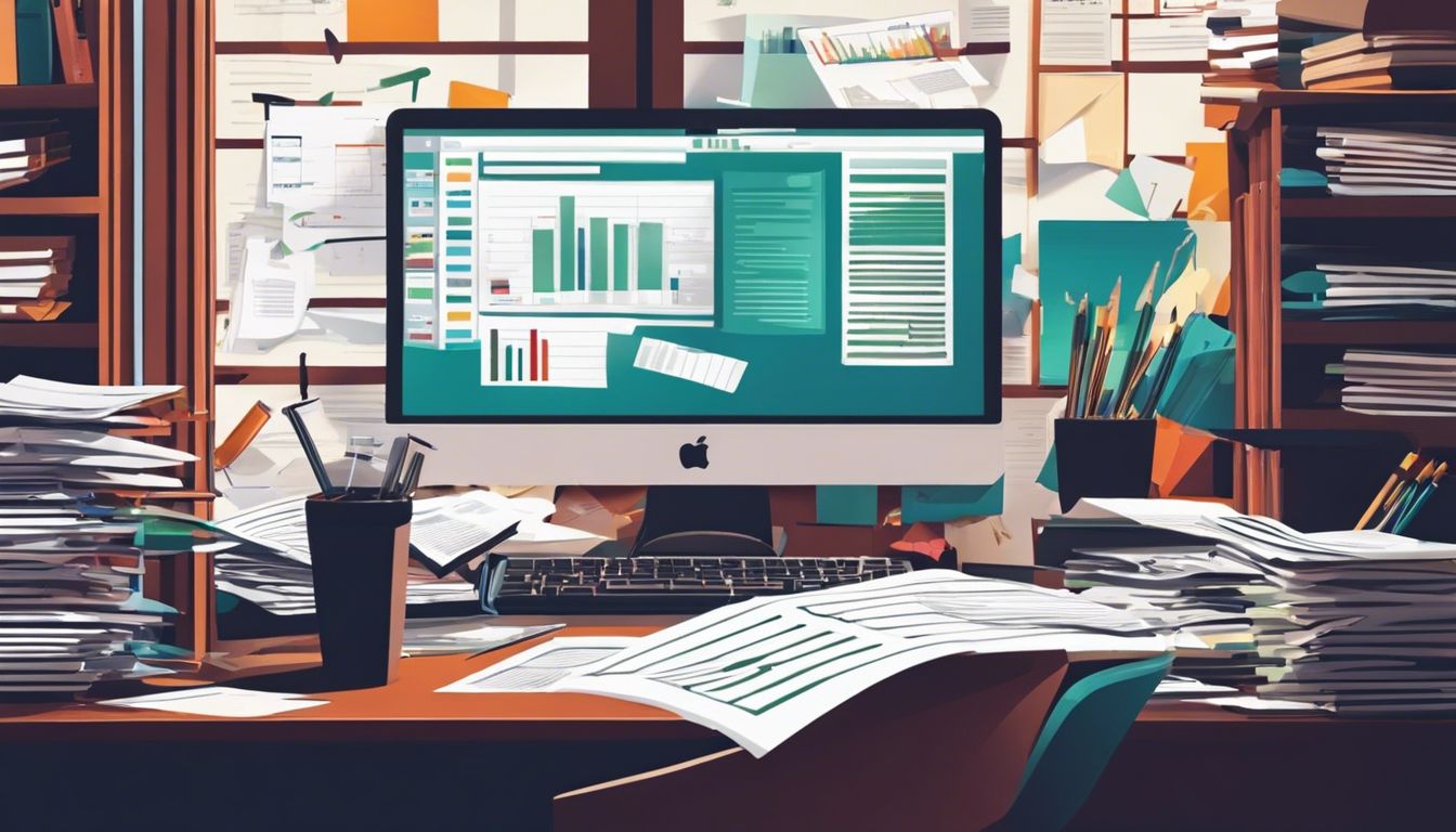 Iemand werkt aan financi&euml;le administratie in een rommelig kantoor.