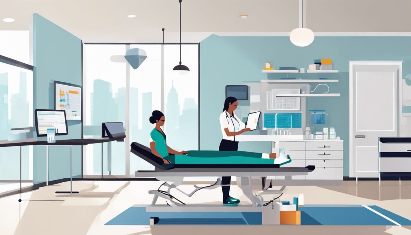 Een fysiotherapeut bekijkt gespecialiseerde administratieve diensten in een moderne kliniek setting.