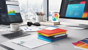 Een stapel verschillende boekhoudsoftwarepakketten met prijskaartjes op een moderne bureau.