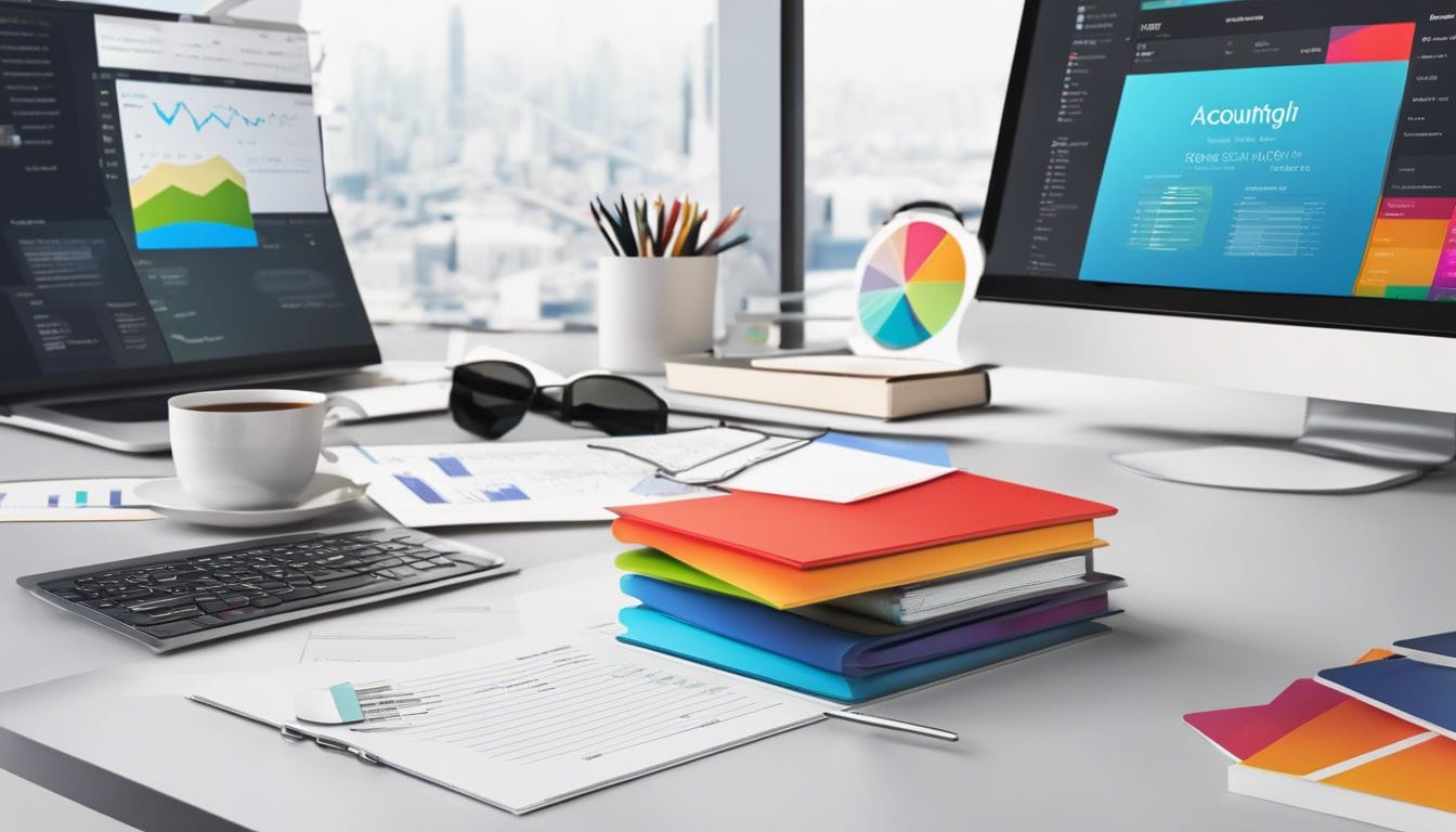 Een stapel verschillende boekhoudsoftwarepakketten met prijskaartjes op een moderne bureau.