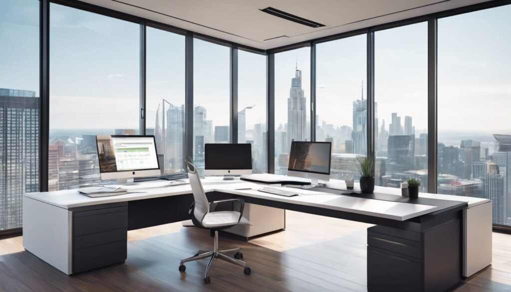 Een modern kantoor bureau met georganiseerde werkruimte en computer.