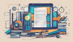 Een smartphone met een GPS-kilometracker-app op een rommelig bureau met kantoorbenodigdheden.