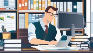 Persoon organiseert en archiveert papierwerk op kantoor.