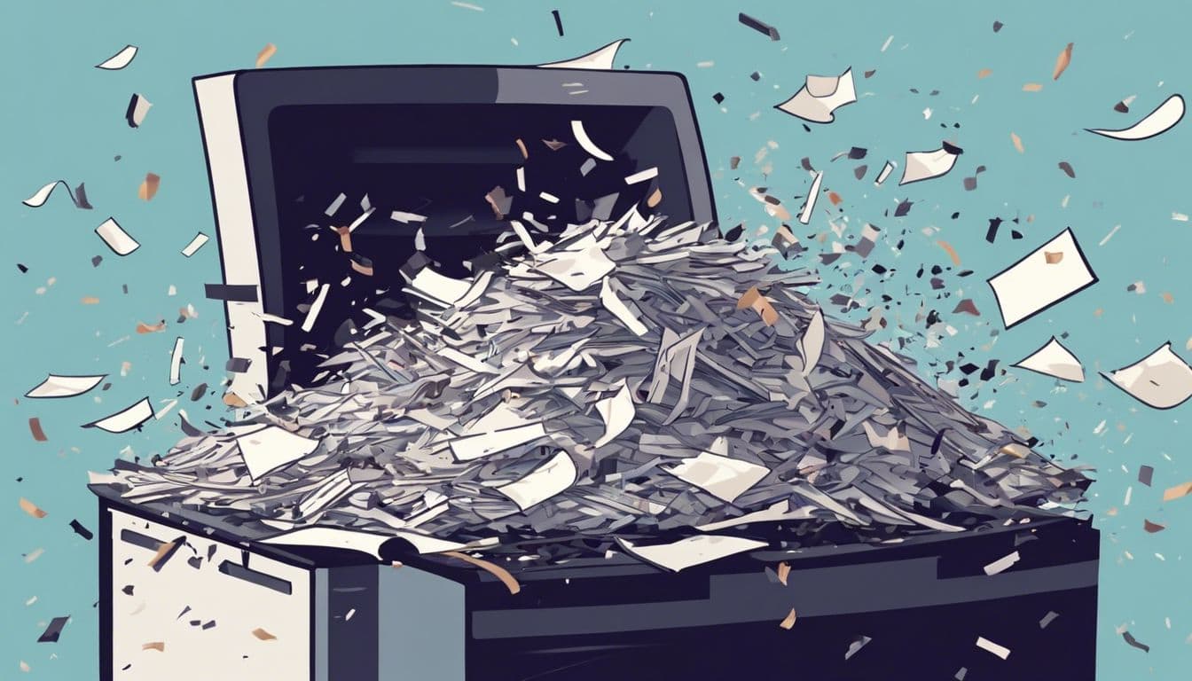 Documenten worden vernietigd door een papiervernietiger in kantooromgeving. Documenten worden vernietigd door een papiervernietiger in kantooromgeving.