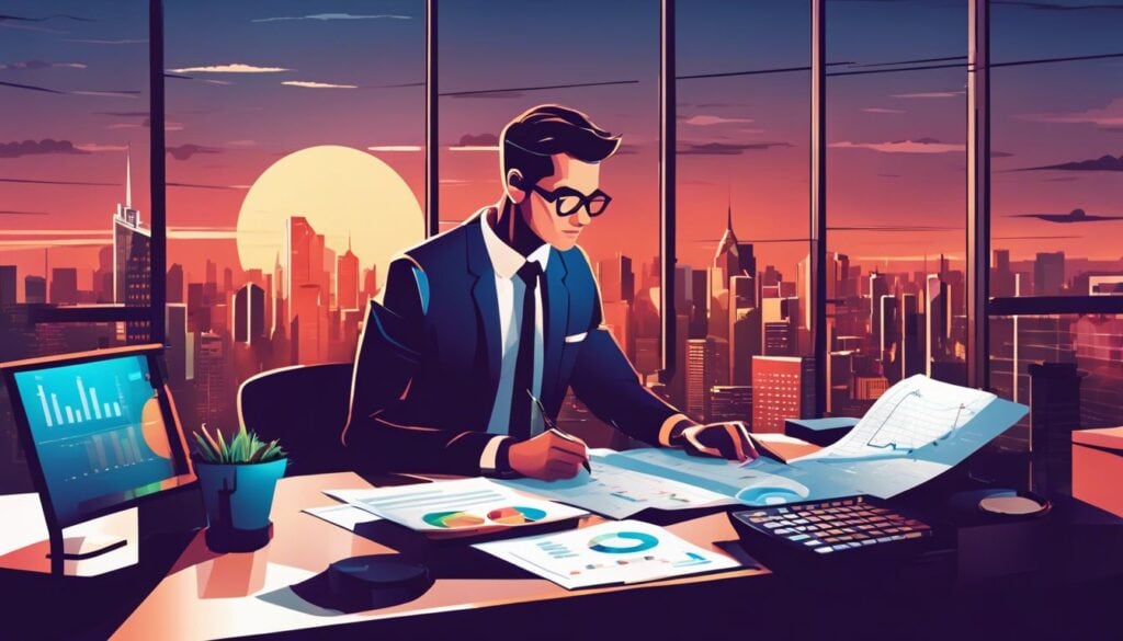 Persoon analyseert financiële rapporten met grafieken en grafieken in stadskantoor.