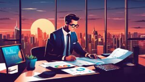 Persoon analyseert financiële rapporten met grafieken en grafieken in stadskantoor.