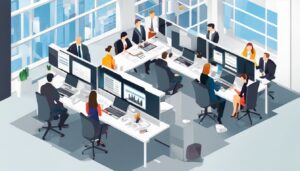 Een team van diverse professionals werkt samen in een moderne kantooromgeving.