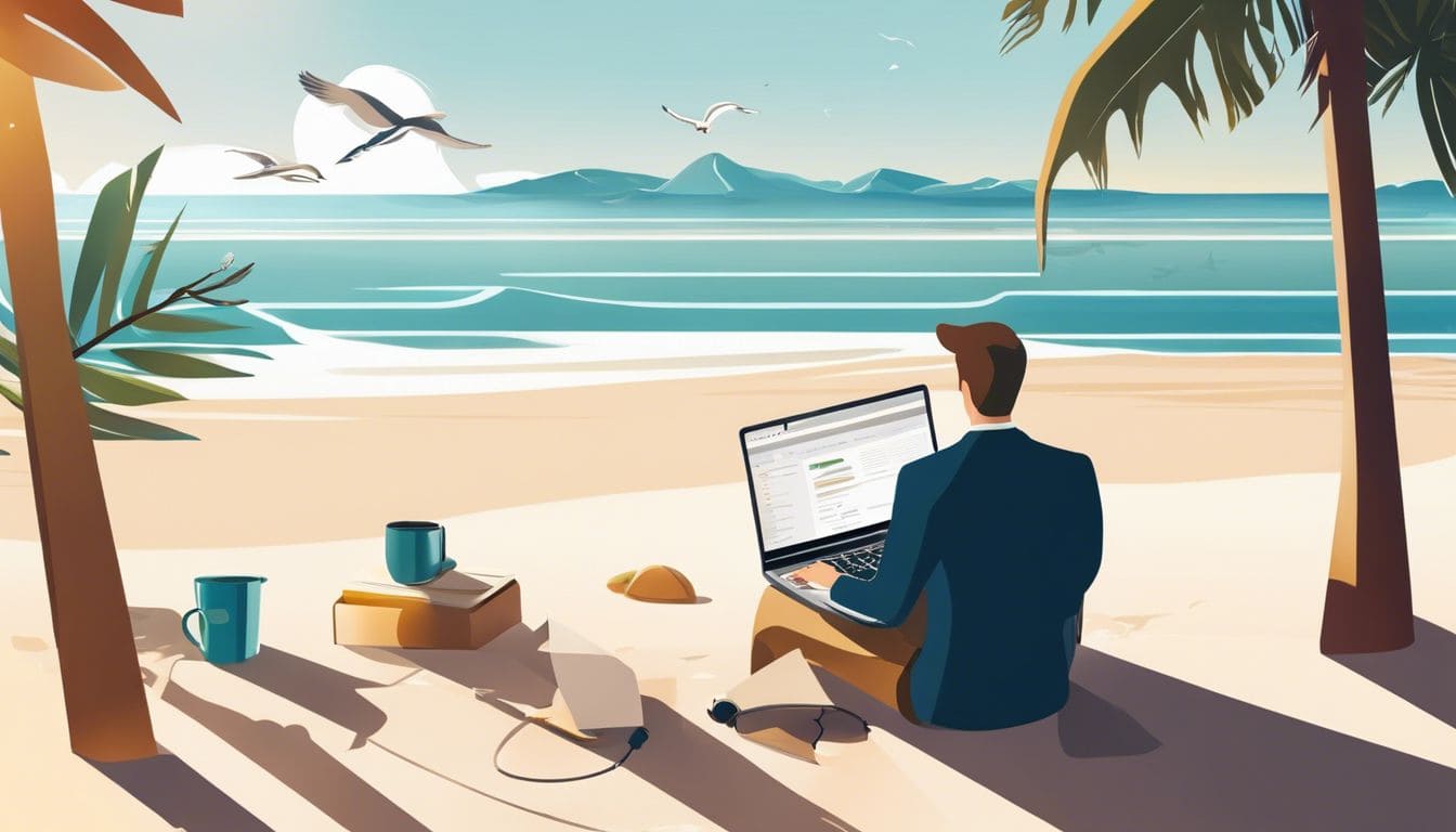 Een zakeneigenaar werkt aan zijn financi&euml;n op een laptop op een rustig strand.