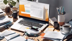 Een persoon organiseert digitale documenten op een rommelig bureau.