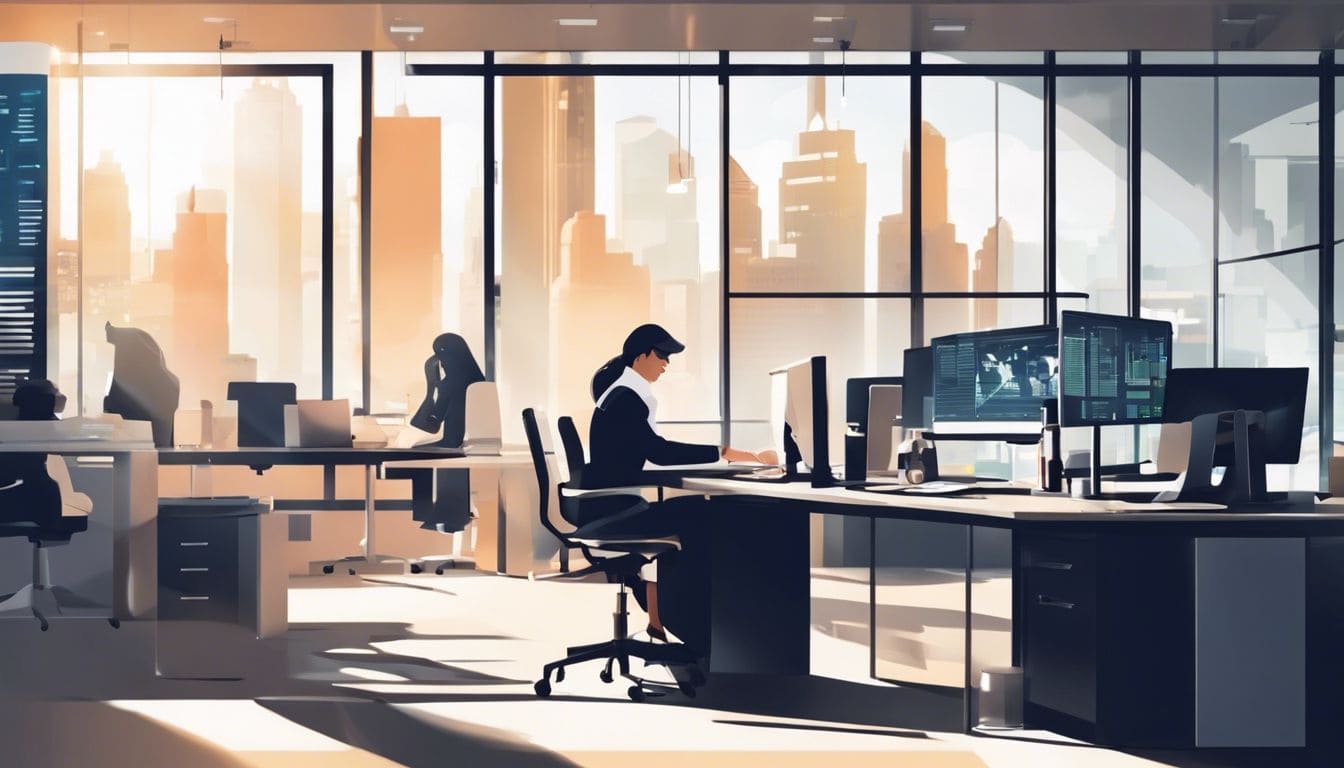 Een dierenarts werkt aan financi&euml;le administratie in modern kantoor.