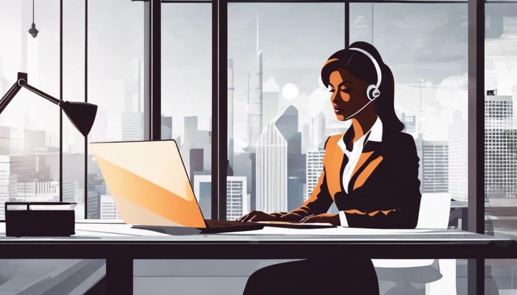 Een zakenvrouw werkt op een laptop in een modern kantoor.