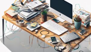 Een rommelig bureau met verspreide boekhoudsoftware en verwarde draden.