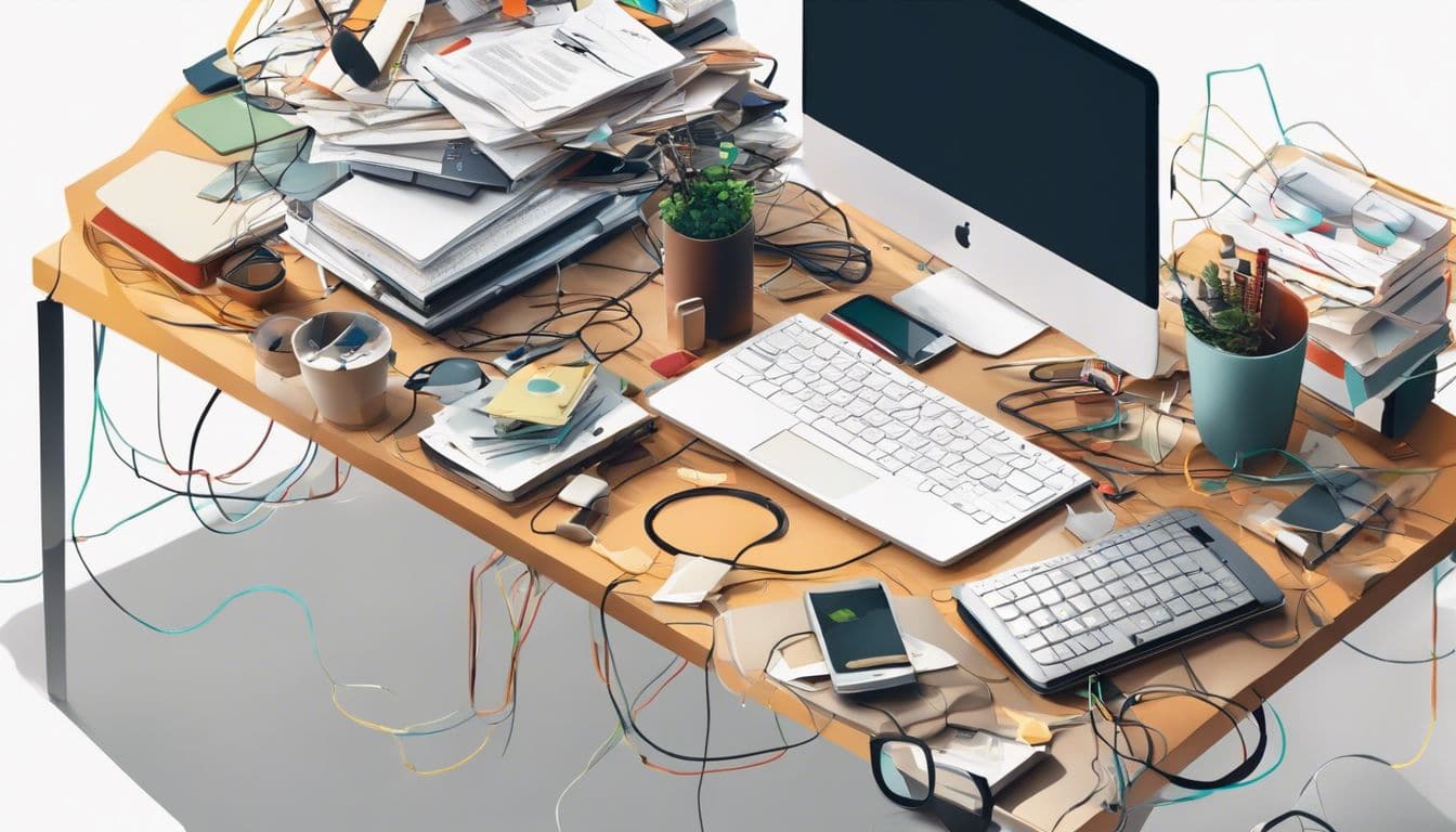 Een rommelig bureau met verspreide boekhoudsoftware en verwarde draden.