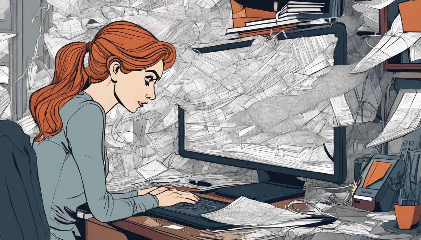 Een gefrustreerde vrouw staart naar haar bevroren computerscherm in een rommelig thuiskantoor.
