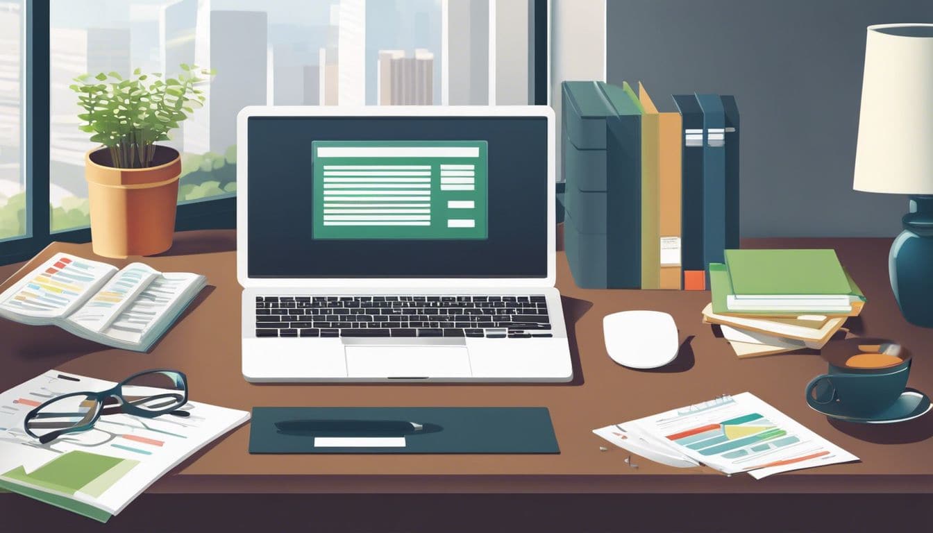 Een georganiseerd kantoorbureau met laptop en financi&euml;le documenten.