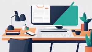 Een schone, georganiseerde werkplek met een computer, bestanden en een notitieblok.