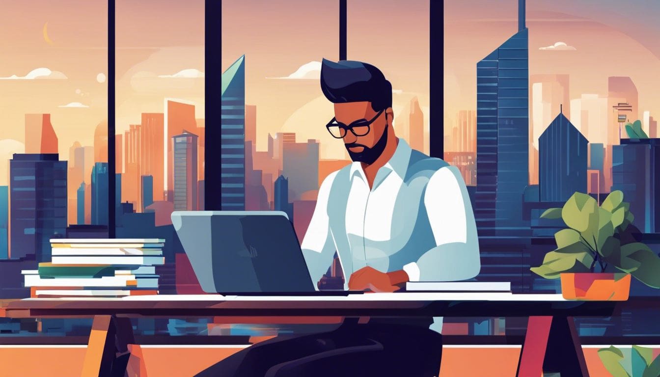 Een zakelijke eigenaar werkt aan financi&euml;le rapporten in een moderne stedelijke werkruimte.