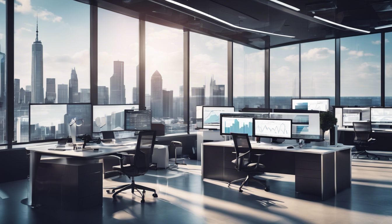 Professioneel team werkt samen in een modern kantooromgeving met financi&euml;le grafieken en computerschermen.