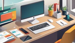 Een netjes en georganiseerd kantoor met financiële documenten en een computer.