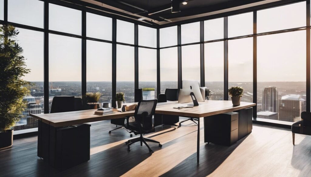 Een zakelijke eigenaar gebruikt Ohmega Boekhoudsoftware in een moderne kantoorruimte met stadsgezicht.