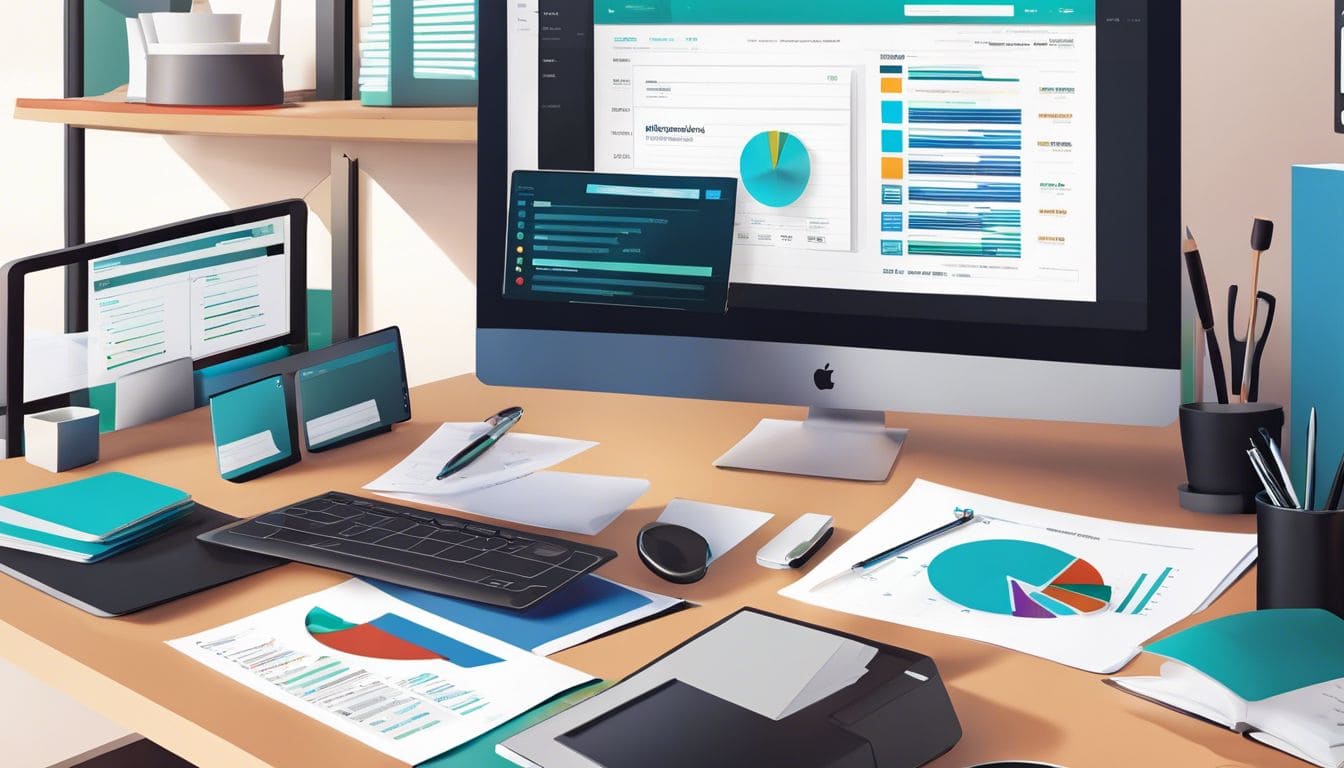 Een georganiseerde financi&euml;le werkplek met moderne boekhoudsoftware benadrukt precisie en effici&euml;ntie.